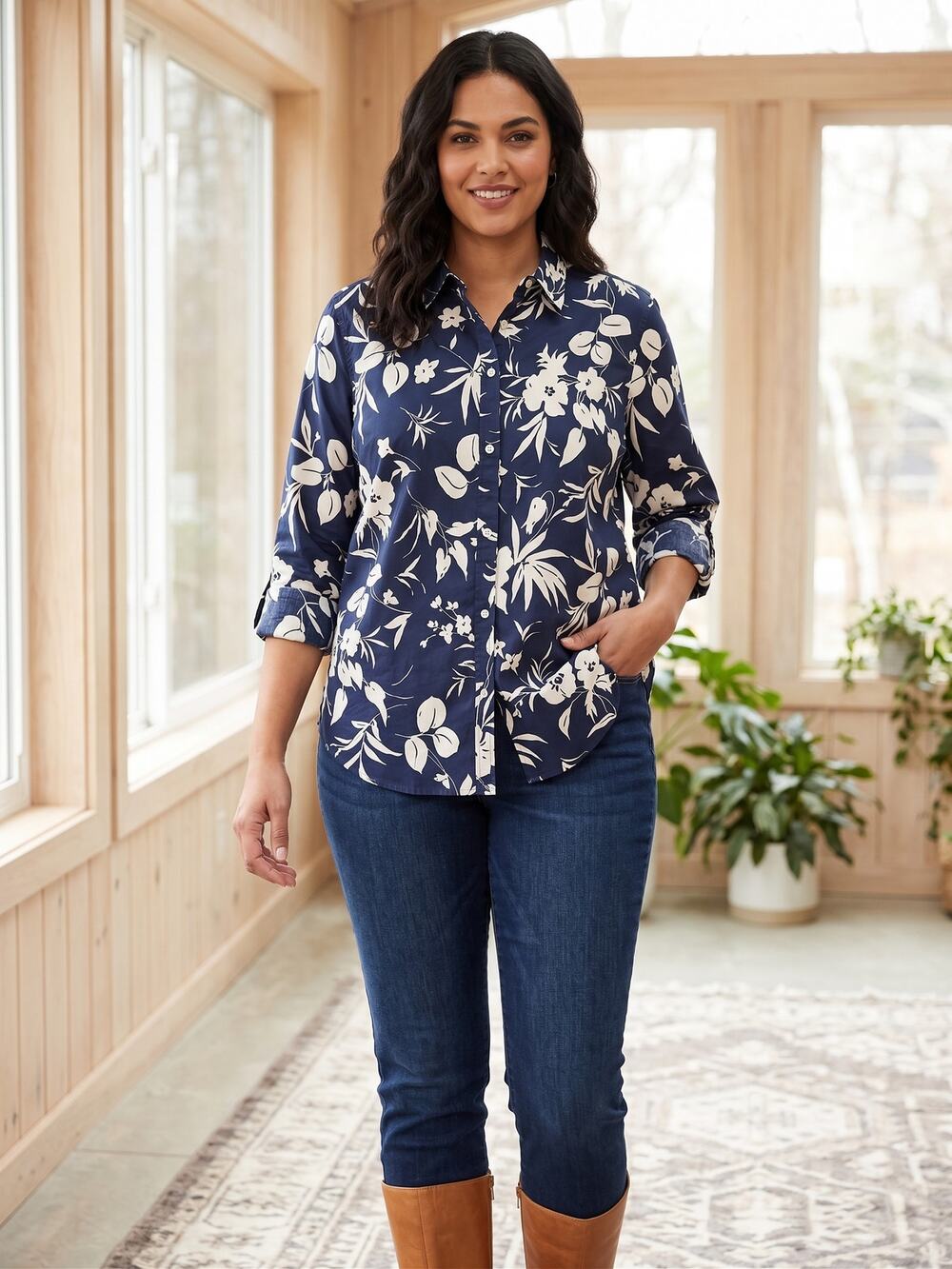 Lauren Ralph Lauren Navy Blue White Floral 100% Cotton Shirt Womens XL